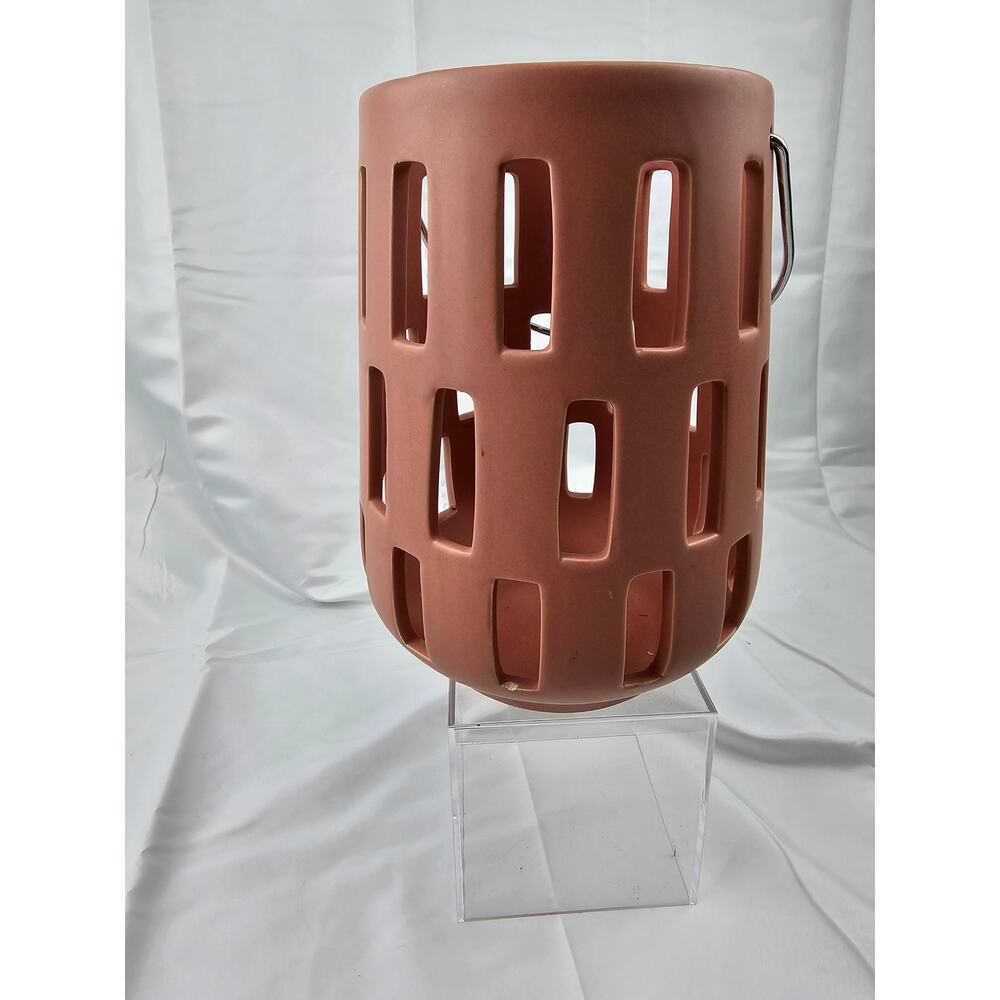 Terracotta Ceramic Lantern Modern Cutout Candle Holder Metal Handle Burnt Orange